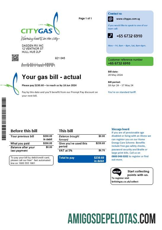 Em branco modelo de conta de serviço público de gás da cidade de Cingapura, totalmente editável em formatos PSD